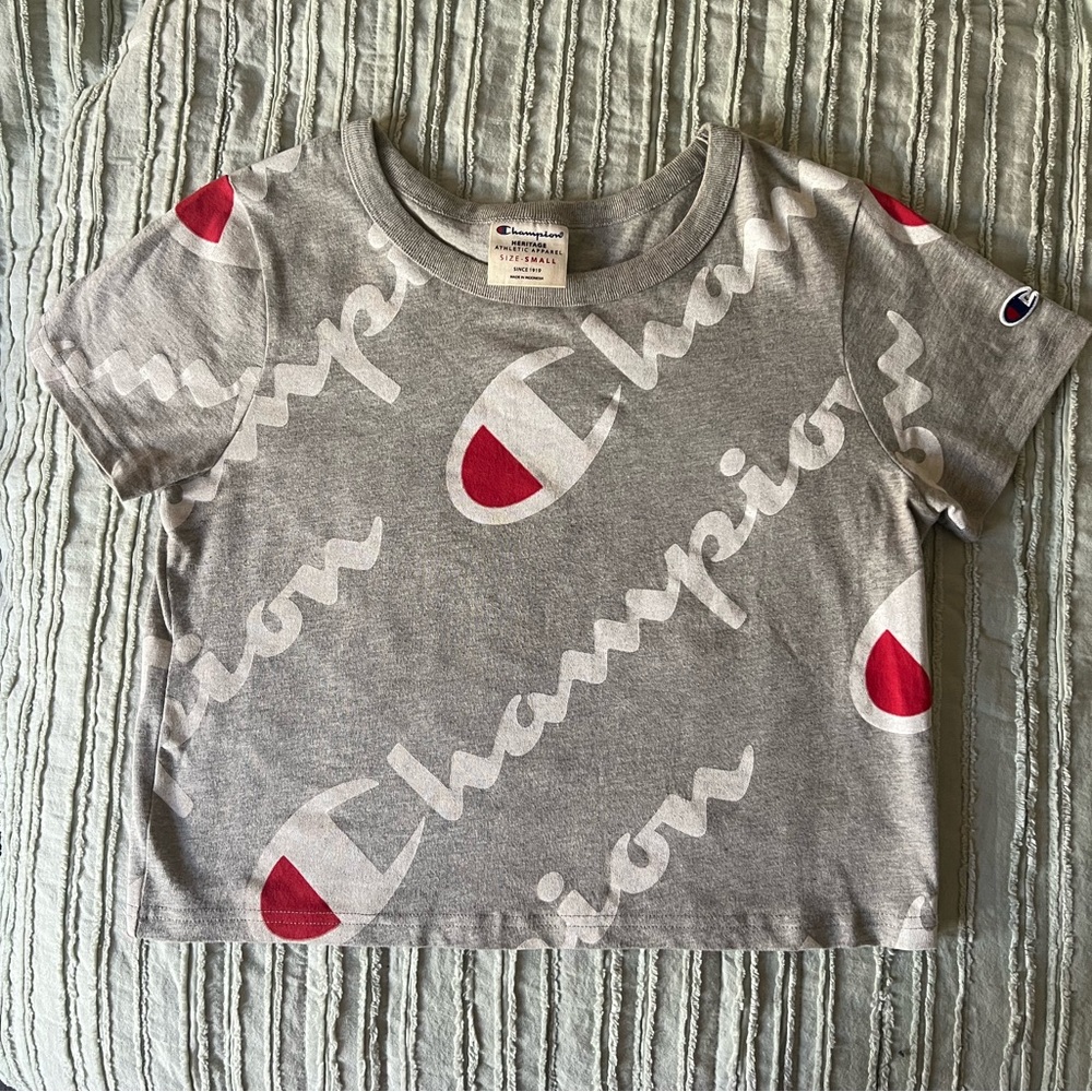 Small Champion shirt, gray and red. Never worn